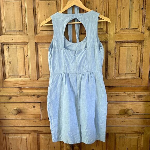 Ann Taylor LOFT Size 2 Blue Linen‎ Tank Dress Open Back Classic Pockets Belted - Picture 7 of 11